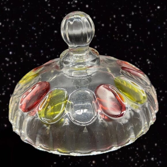 Flashed Art Glass Covered Dish Bowl W Lid Thumbprint Pattern Red Yellow 7”T 5.5” - Picture 2 of 10